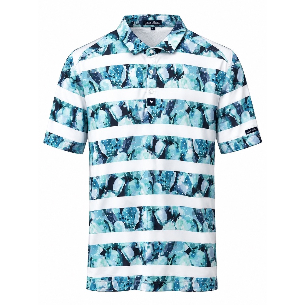 Bad Birdie Mens XL Blue Cactus Striped Performance Golf Polo Shirt